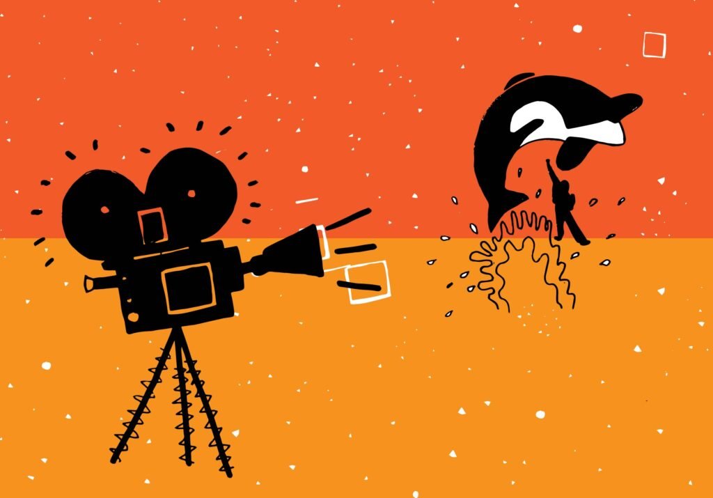 Free Willy filming Graphic rendering of a movie camera and an iconic scene from the movie Free Willy.