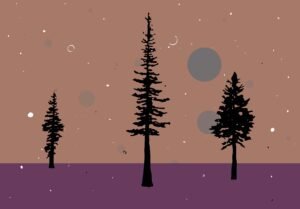 Graphic rendering of pine trees on a gloomy day.