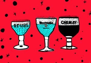 Graphic rendering of three ornate beer glasses branded with Orval, Westmalle, and Chimay trappist brewery labels.